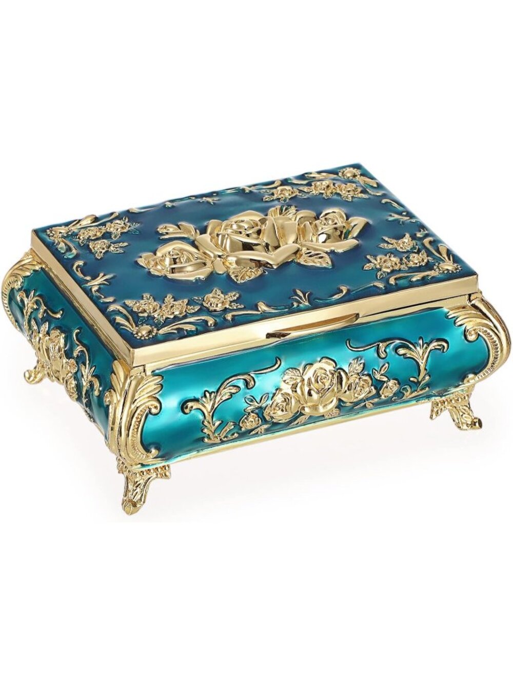 Vintage Small Metal Blue Trinket Case Engraved Jewelry Storage Box For Necklace